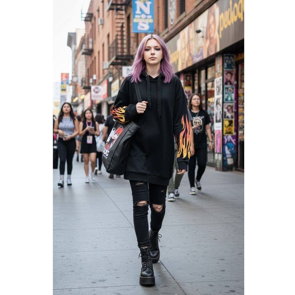 ASOS Flame Sleeve Hoodie Dress Black Longline Sweatshirt Women’s US 8 Streetwear